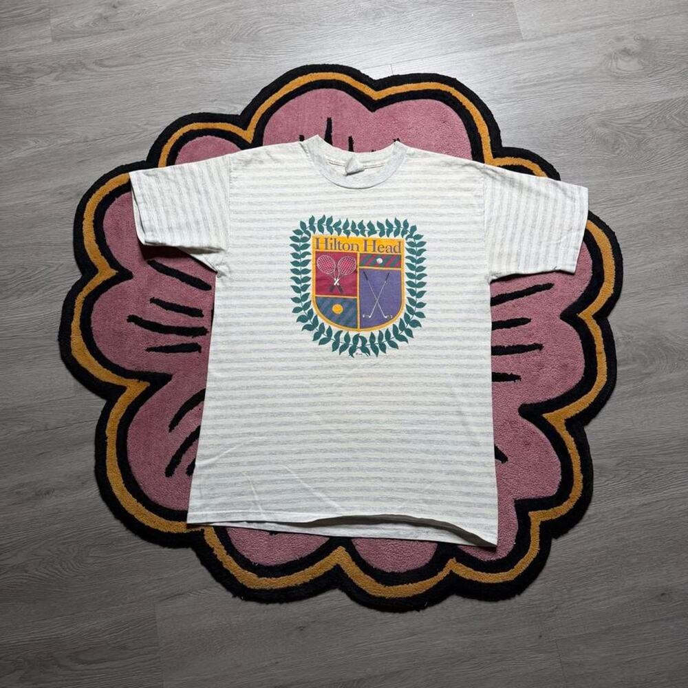 Vintage 80’s Hilton Head Tennis & Golf Crest Graphic Logo Striped T-shirt Large